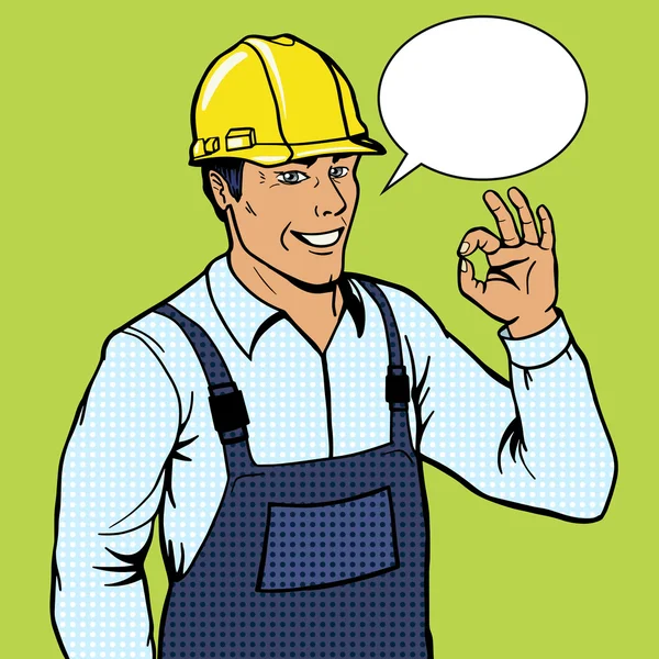 Bauarbeiter Mann zeigt ok Zeichen Pop-Art-Stil Vektor — Stockvektor