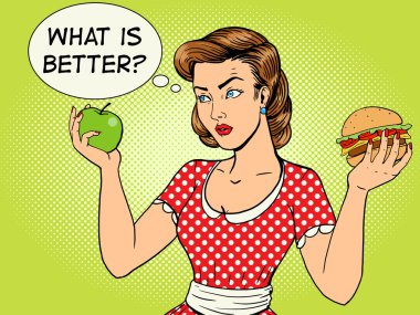 Young woman with apple and burger pop art vector clipart