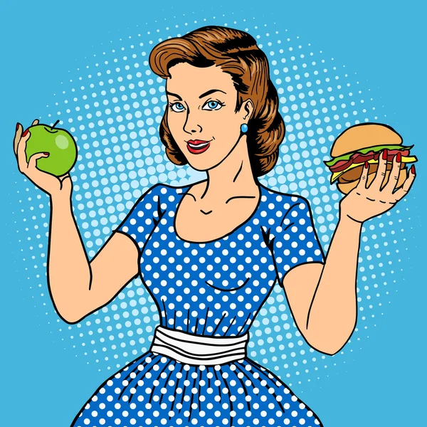 Mladá žena s apple a burger pop art vektorové — Stockový vektor