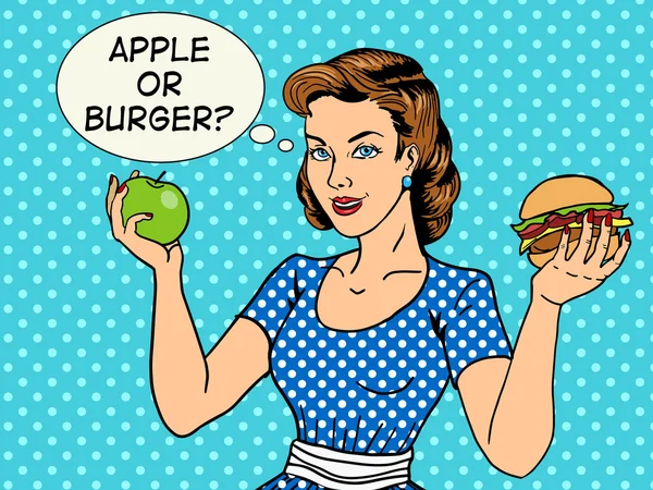 Young woman with apple and burger pop art vector — Stock Vector