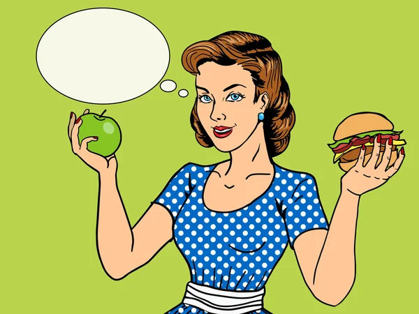 Junge Frau mit Apfel- und Burger-Pop-Art-Vektor — Stockvektor