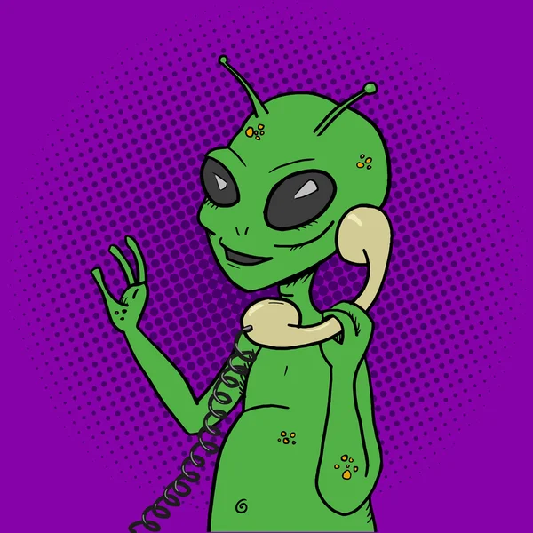 Alien falando telefone pop arte estilo vetor — Vetor de Stock