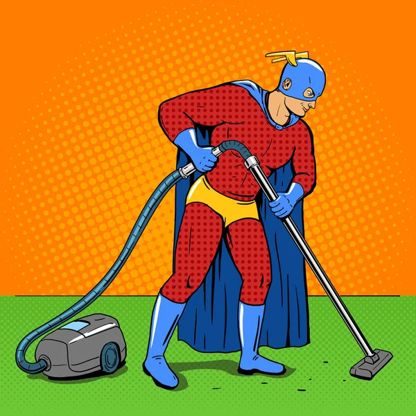 Superheld mit Staubsauger Pop-Art-Vektor — Stockvektor