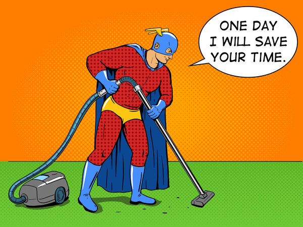 Superhero  with vacuum cleaner pop art vector