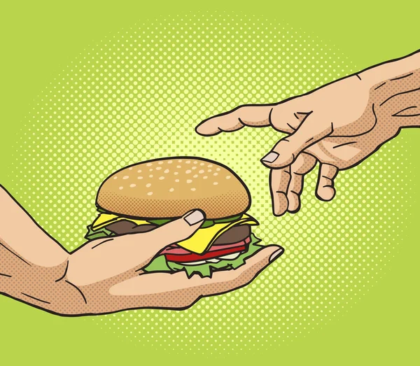 Hand gibt einem anderen Hand-Pop-Art-Vektor einen Burger — Stockvektor