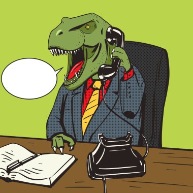 Dinosaur businessman talks phone pop art vector clipart