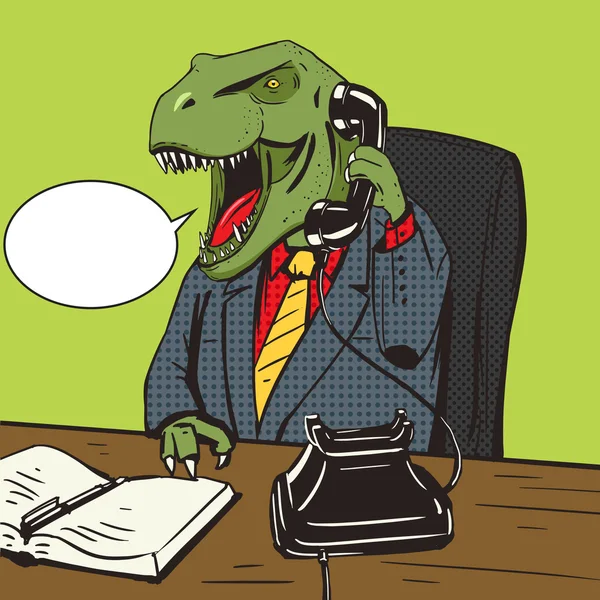 Homme d'affaires dinosaure parle téléphone pop art vecteur — Image vectorielle