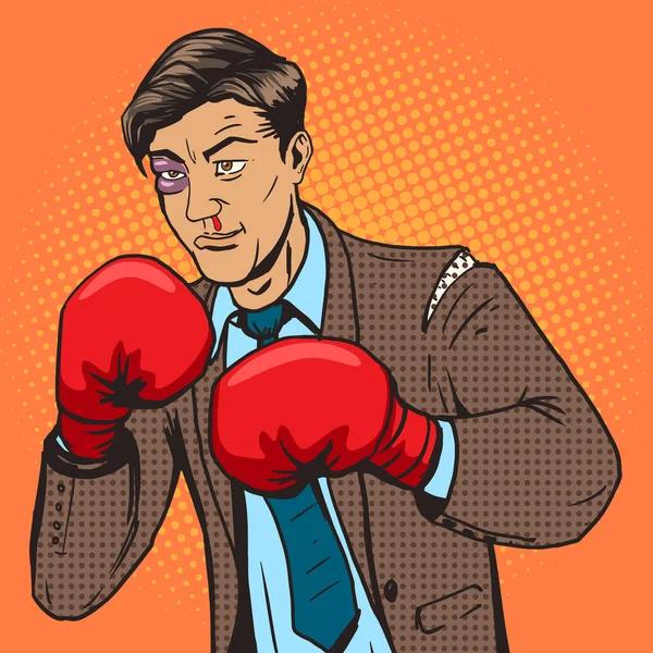 Empresario lucha en guantes de boxeo pop art vector — Vector de stock