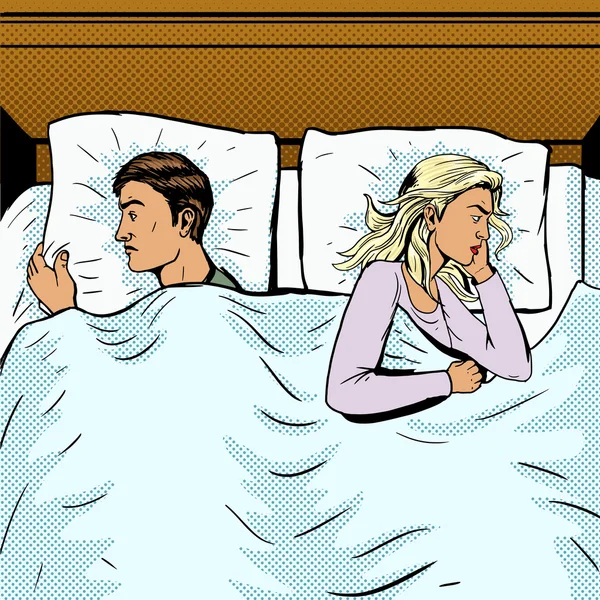 Pareja joven en la cama ofendido pop art estilo vector — Vector de stock