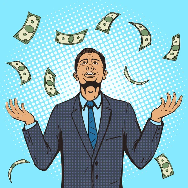 Businessman under the money rain pop art vector — ストックベクタ