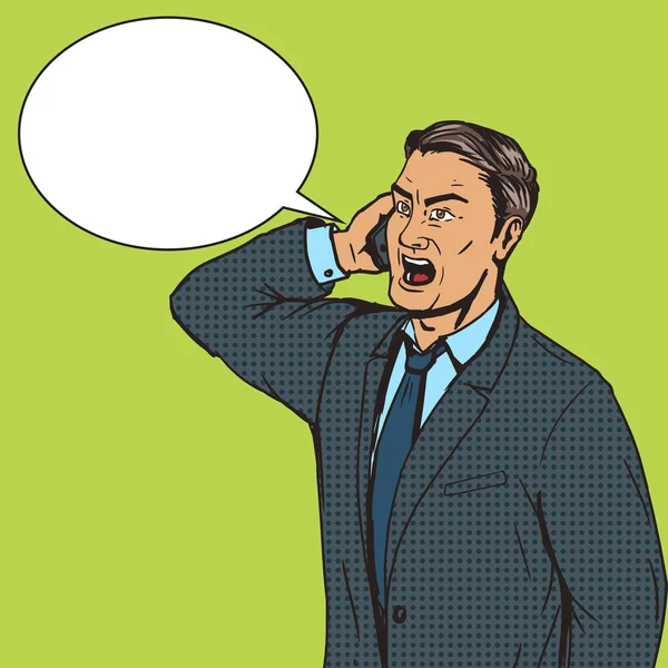 Angry businessman speaks by phone pop art vector — ストックベクタ