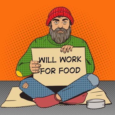 Homeless man with paper sign pop art vector