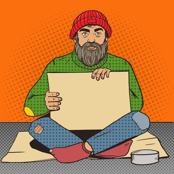 Hombre sin hogar con signo de papel pop vector de arte — Archivo Imágenes Vectoriales