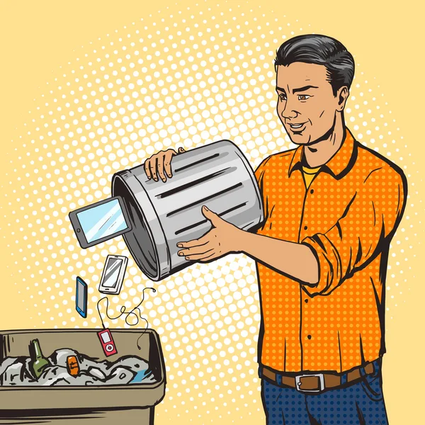 Ο άνθρωπος ρίχνει τη συσκευή gadget σε σκουπίδια pop art διάνυσμα — Διανυσματικό Αρχείο