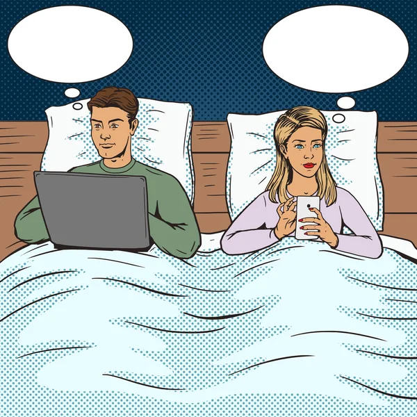 Young couple bed and gadget pop art style vector — Stock Vector
