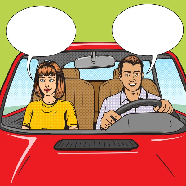 Familia pareja en coche pop art estilo vector — Vector de stock