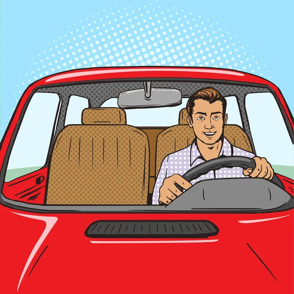 Hombre unidad de coche pop art estilo vector — Vector de stock