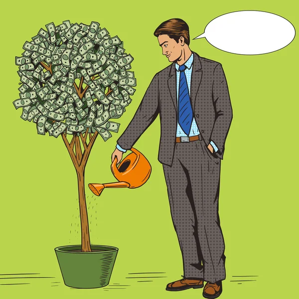 Businessman water money tree pop art style vector — Stock Vector