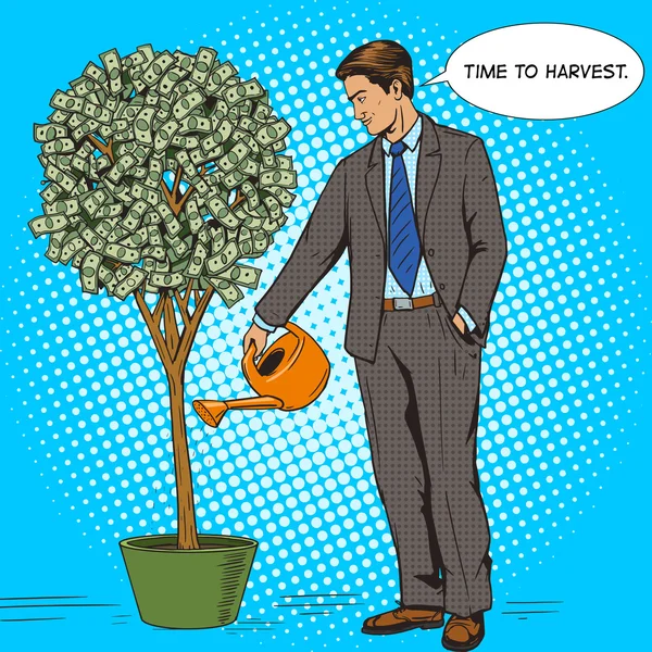 Empresário água dinheiro árvore pop arte estilo vetor —  Vetores de Stock