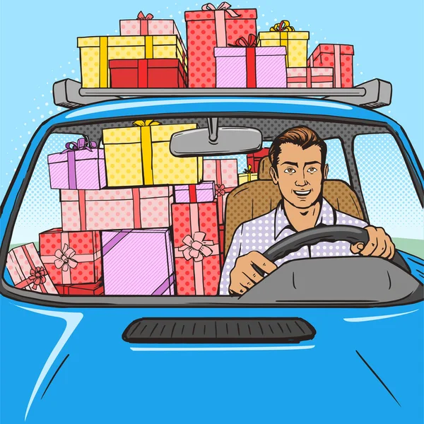 Hombre con cajas de regalo en el coche pop art vector de estilo — Vector de stock