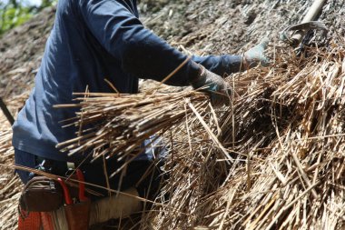 Bir zanaatkar sazdan çatıyı tamir ediyor.