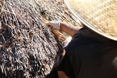 Bir zanaatkar sazdan çatıyı tamir ediyor.