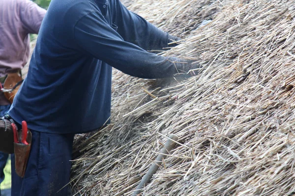 Bir zanaatkar sazdan çatıyı tamir ediyor.