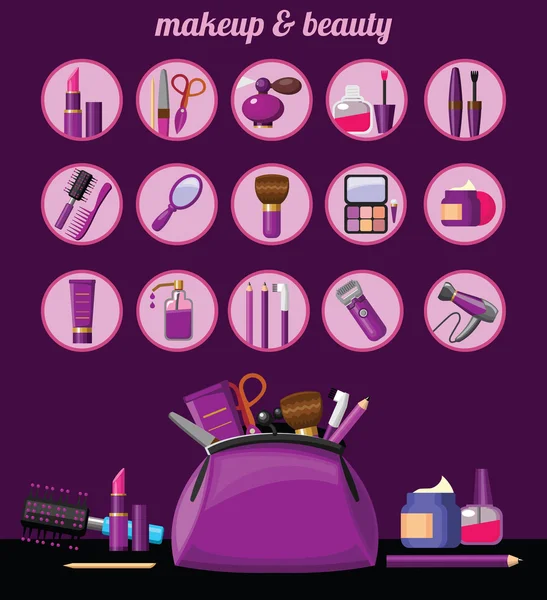 Beauty, makeup icons and Makeup bag with beautician tools. — Stock Vector