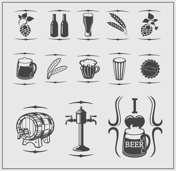 Pivní ikony, symboly, popisky a prvky návrhu. — Stockový vektor
