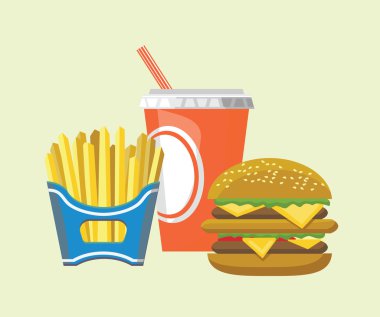 Fast food vektör çizim burger, patates kızartması ve kola ile.