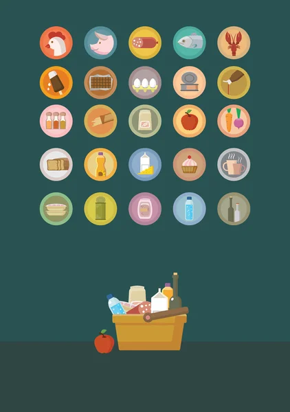 Conjunto de iconos de alimentos e ilustración de la cesta con alimentos . — Vector de stock