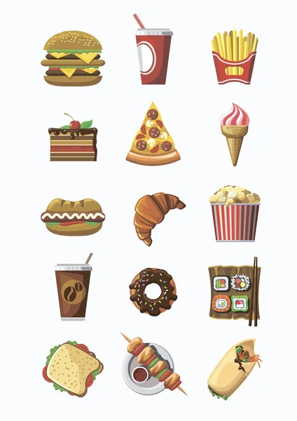 Set de iconos coloridos de comida rápida. Diseño plano . — Vector de stock