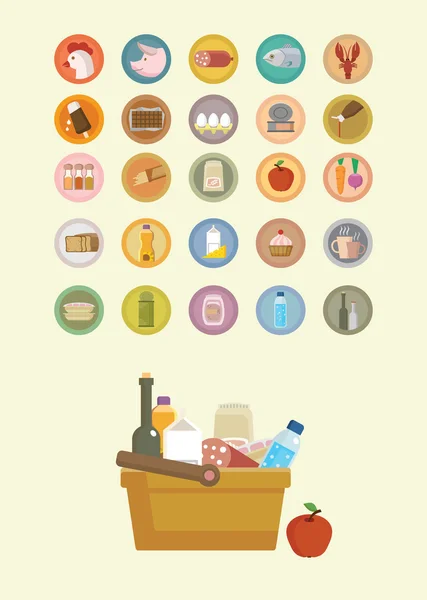 Conjunto de iconos de alimentos e ilustración de la cesta con alimentos . — Vector de stock