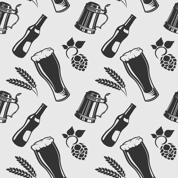 Bira şişe, cam, buğday ve şerbetçiotu bira desenle. — Stok Vektör