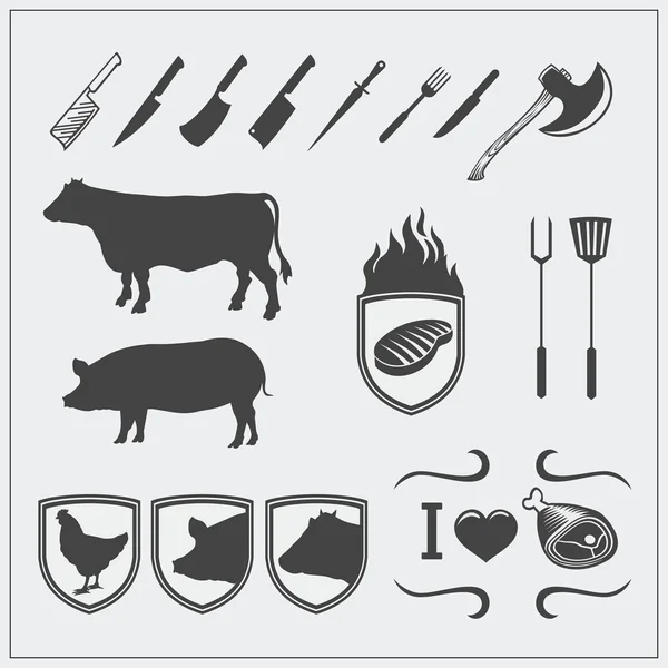 Logos de carne vectorial, etiquetas y elementos de diseño. Siluetas de animales . — Vector de stock