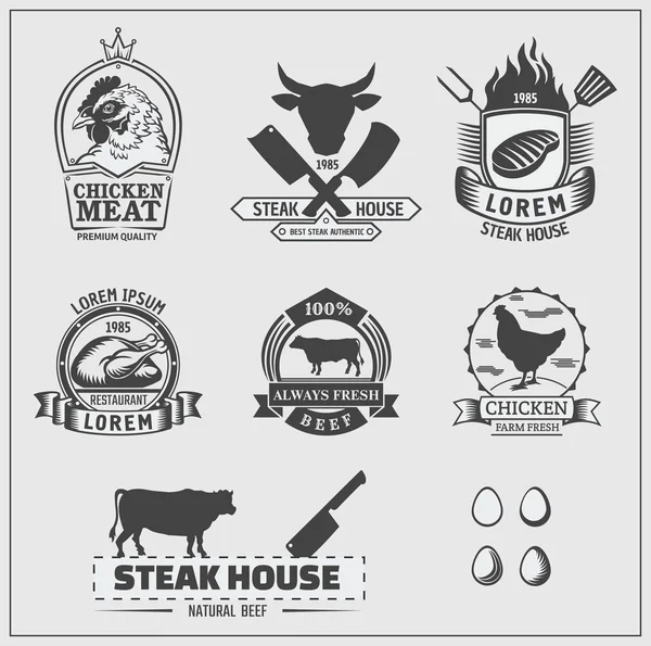 Conjunto de rótulos de frango e carne bovina, emblemas e elementos de design . —  Vetores de Stock