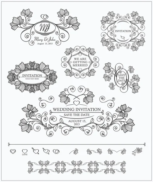 Set of wedding invitations and design elements. — Stock Vector