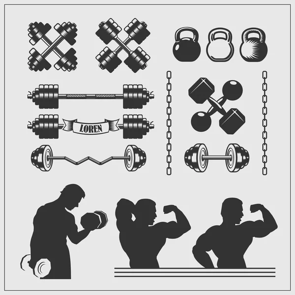 Vector set of gym equipment, design elements and bodybuilders silhouettes. — Stock Vector