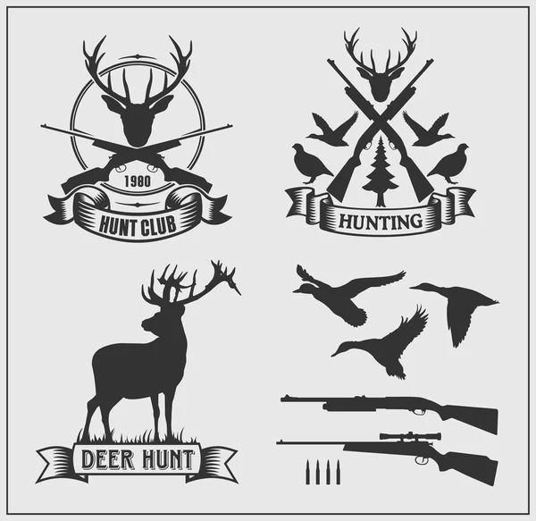 Joukko metsästysseuran tarroja, merkkejä ja muotoiluelementtejä . — vektorikuva