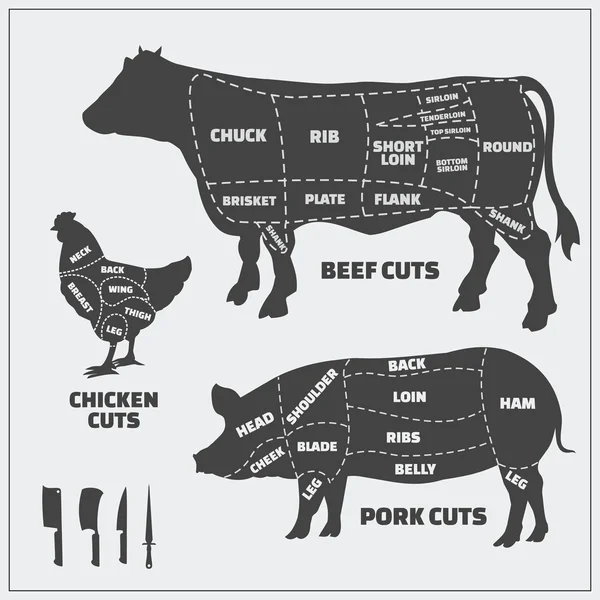 Cuts of beef, pork and chicken. — Stock Vector