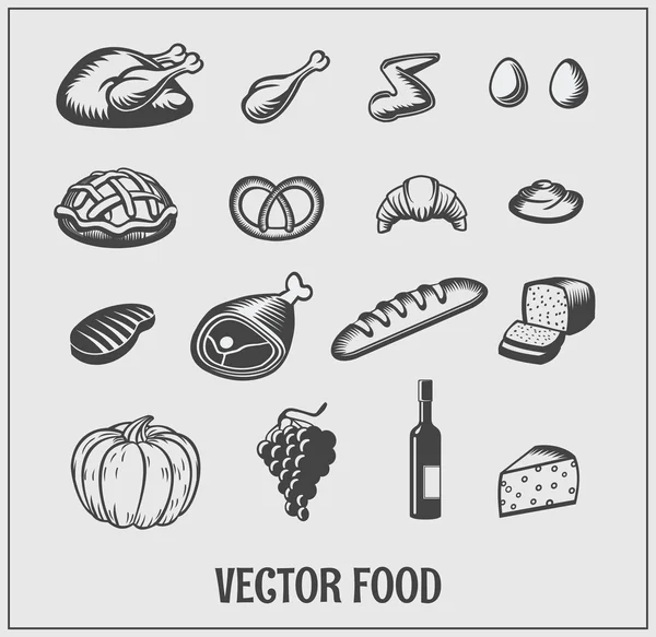 Conjunto de iconos de comida. Carne, panadería, vino . — Vector de stock