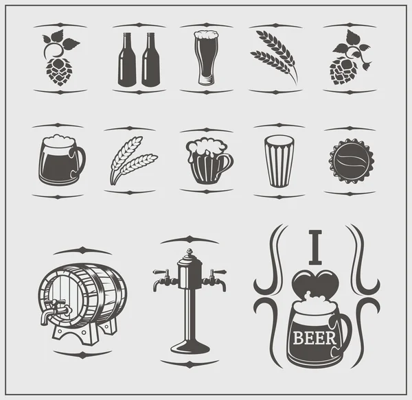 Iconos de cerveza, símbolos, etiquetas y elementos de diseño . — Archivo Imágenes Vectoriales