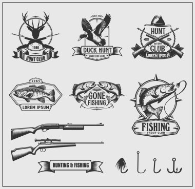 Set of hunting and fishing club badges, labels and design elements. Vector monochrome illustration. clipart