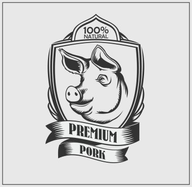 Domuz baş sigorta primi etiket. Logo kasap. Vektör tek renkli tasarım.