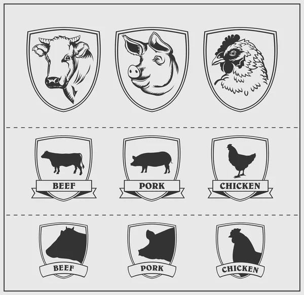 Cabeças e silhuetas de animais de fazenda em quadros. Vaca, porco e frango. Projeto monocromático vetorial . —  Vetores de Stock