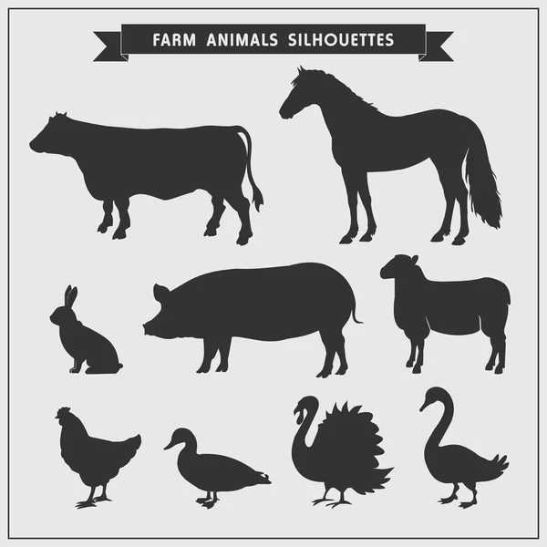 Silhouettes of farm animals isolated on a gray background. — Stock Vector
