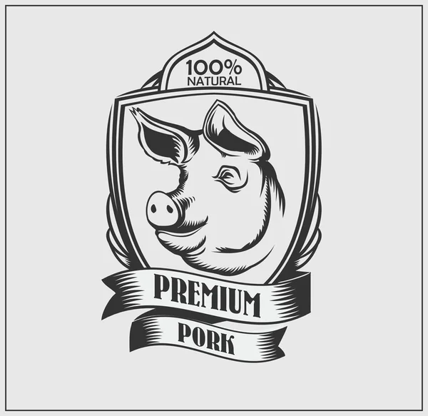 Domuz baş sigorta primi etiket. Logo kasap. Vektör tek renkli tasarım.