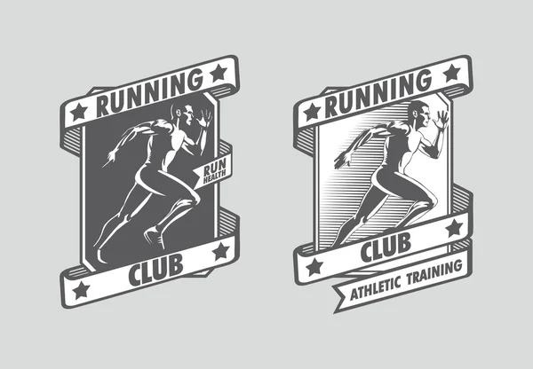 Ilustración vectorial de una mujer con el hombre corriendo en los marcos. Correr carteles y logotipos . — Vector de stock