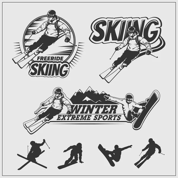 Set da sci. Silhouette di sciatori e snowboarder, emblemi di sci, loghi ed etichette . — Vettoriale Stock