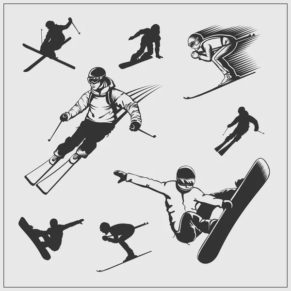 Kayak seti. Siluetleri kayakçılar ve snowboard düşkünleri.